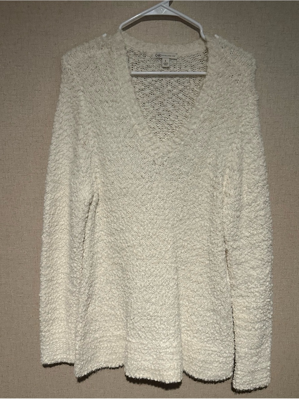 Cato Large Cream V-Neck Cozy Popcorn Textured Knit Tunic Sweater - Picture 1 of 7